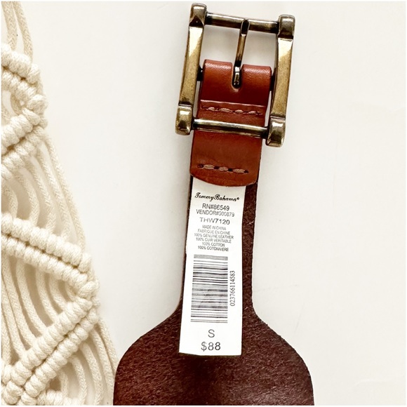 Tommy Bahama Macrame Braided Woven Cream Brown Leather Belt Brass Buckle Boho S - Picture 8 of 8